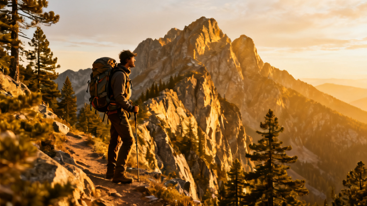 Mountain trail scenery with hiker
